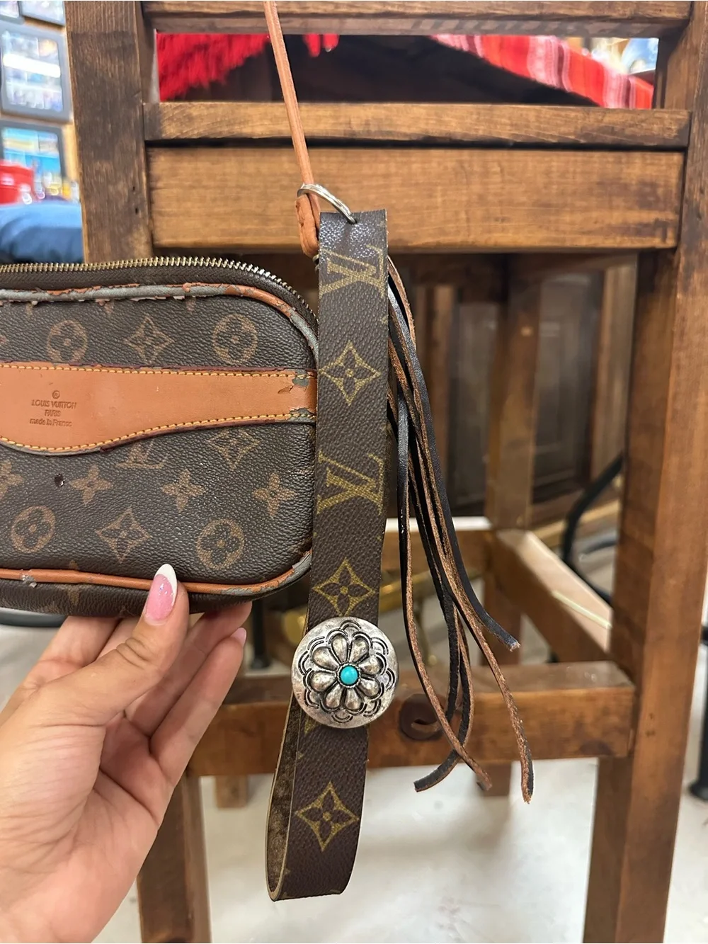 LV revamped Monogram Key Wristlet with Silver-Tone Concho and fringe